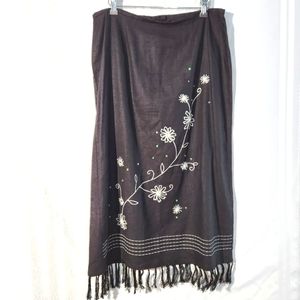 REQUIREMENTS WOMEN'S BLACK LINEN MAXI SKIRT FRINGE BEADED FLORAL BOHO LARGE